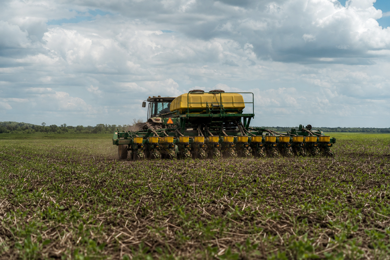 Máquina agrícola realiza o plantio de soja em uma lavoura de Mato Grosso no início da safra 2026/27